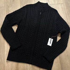 Sperry Cable Knit Wool Blend Full Zip Sweater Men's Black Preppy Medium